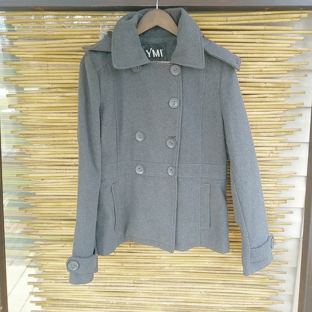 YMI L Hoodie Fur Trim Gray Pea Coat Jacket